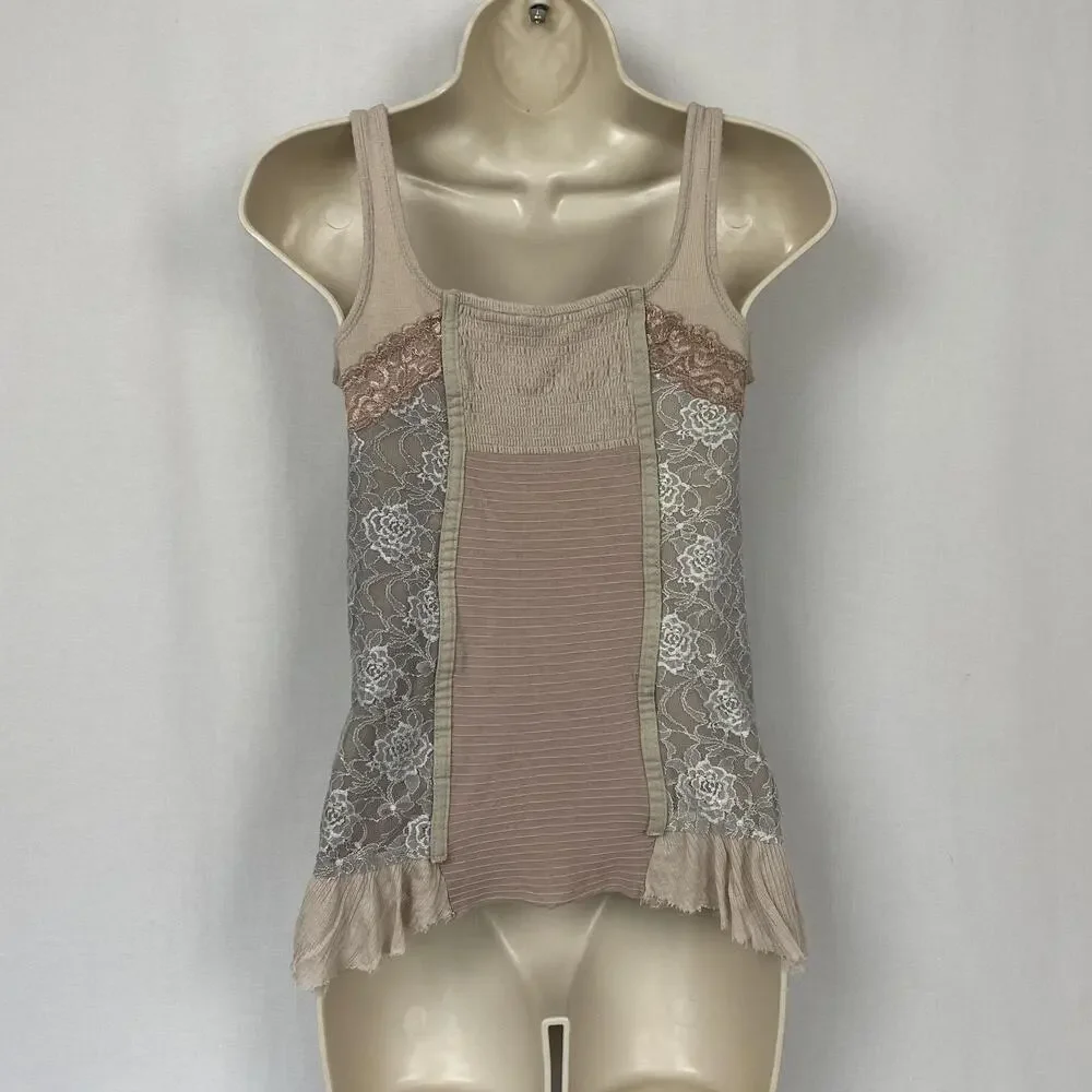Free People Lace Corset Tank Top Medium Beige Blush Ruffle Fairy Grunge Ren Fair